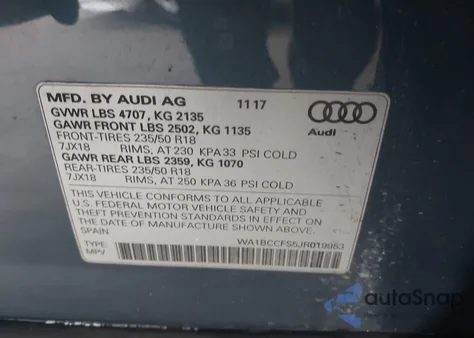 2018 Audi Q3 2.0T Premium/2.0T Sport Premium z USA, uszkodzony, nr VIN WA1BCCFS5JR019953